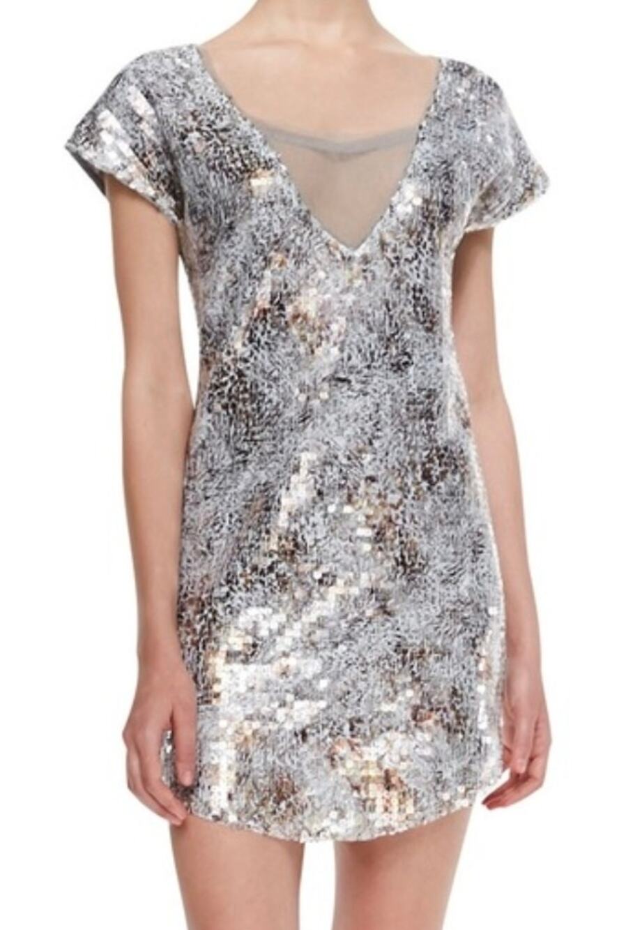 Free People Silver Sequin Mini Dress with Sheer V-Neck